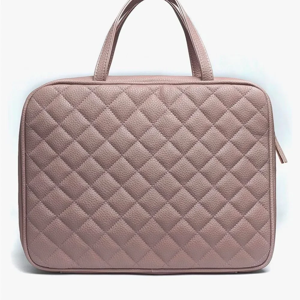 Chic Quilted‎ Leather Large Travel Toiletry Bag in Pink